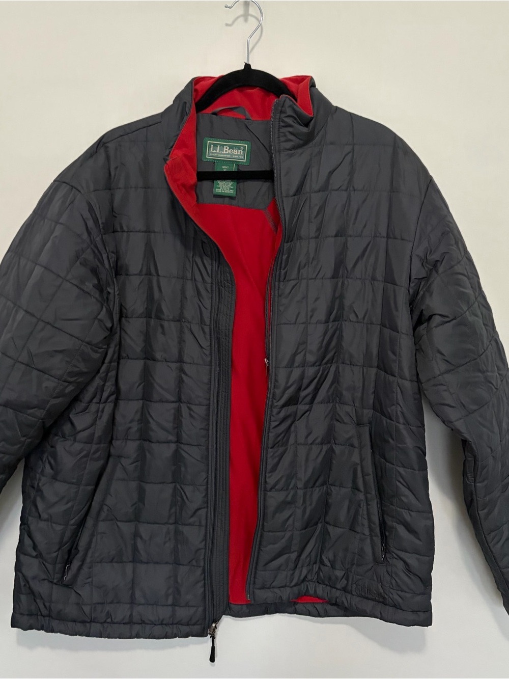 LL Bean Grid Quilted Puffer Jacket Fleece Lined Men’s XL Tall Red Black Hiking